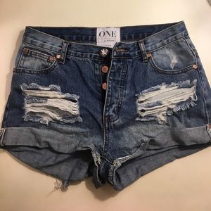 One Teaspoon distressed blue high waisted shorts